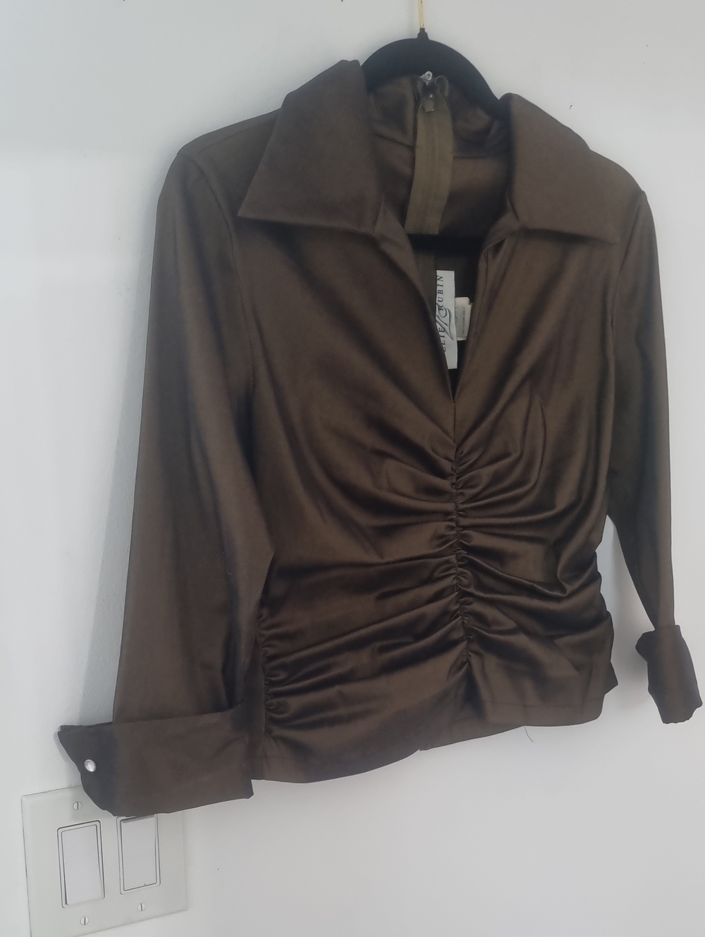 Lillie Rubin Olive Brown Ruched Satin Button-Down Top